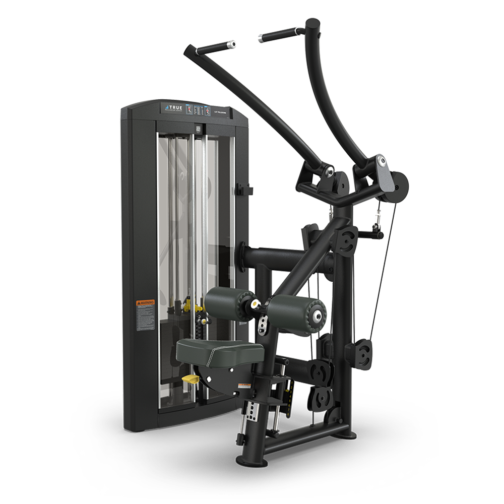 A black and silver seated strength training machine with padded seats and handles, weight stack, and adjustable settings, designed for upper body workouts, set against a plain white background.