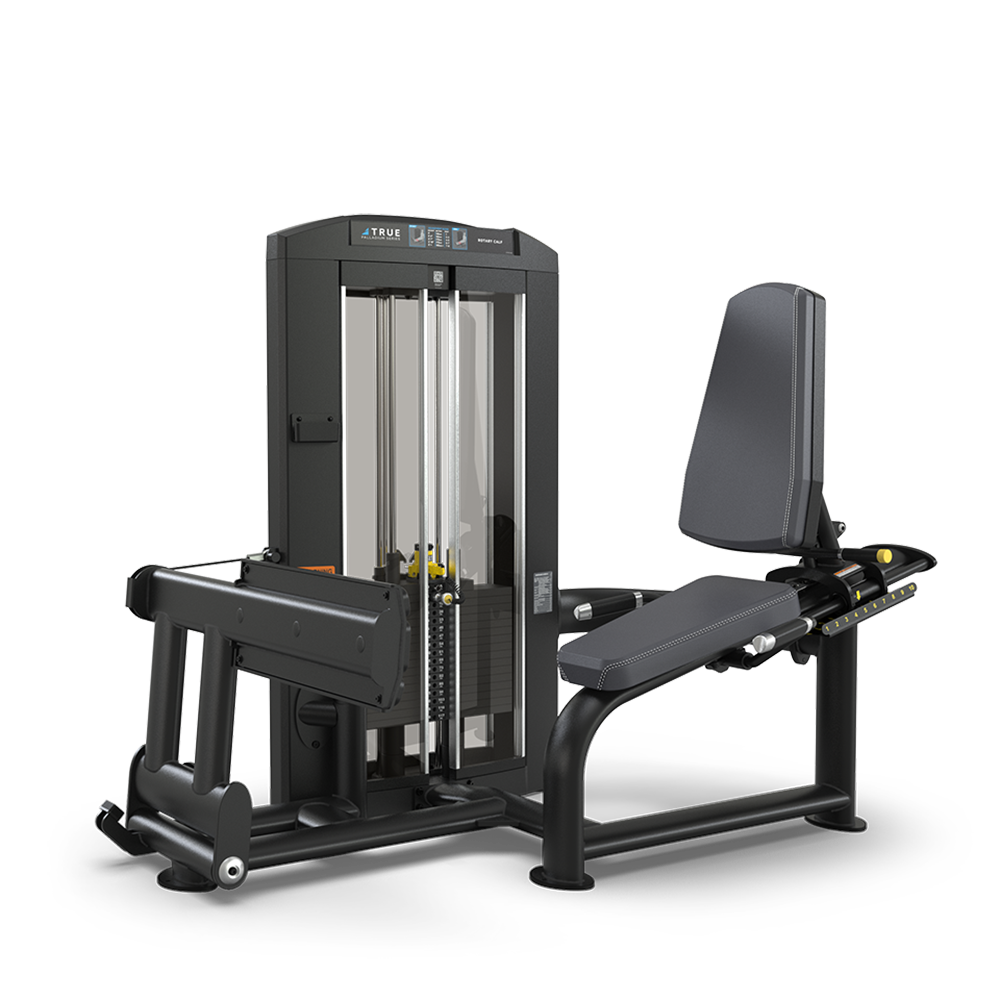 A seated leg press machine with a padded backrest and seat, adjustable weight stack, and footplate for gym workouts against a plain white background.