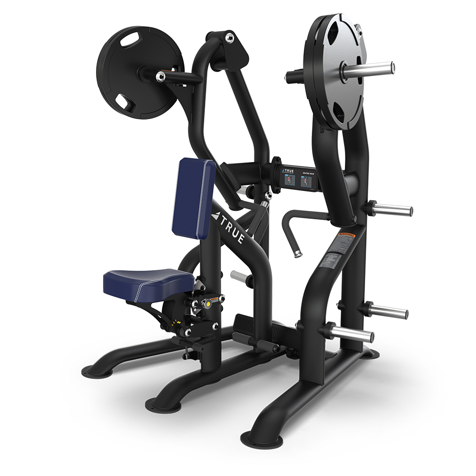 A black and blue seated strength training machine with weighted plates, handles, padded seat, and backrest, designed for upper body exercises like chest or shoulder press.