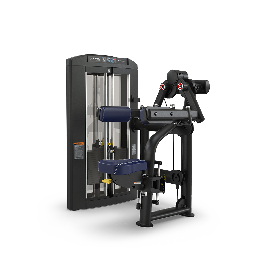 A black and blue commercial gym machine for seated back extension exercises, featuring padded seat and backrests, adjustable arm pads, and a weight stack with a selector pin on a white background.