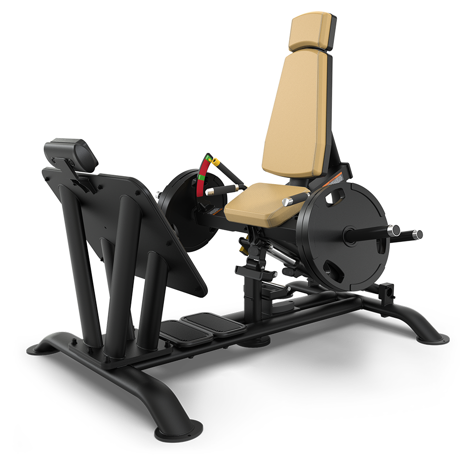 A black and tan leg press machine with an angled seat, padded backrest, and weights loaded on each side, designed for strength training and lower body workouts.