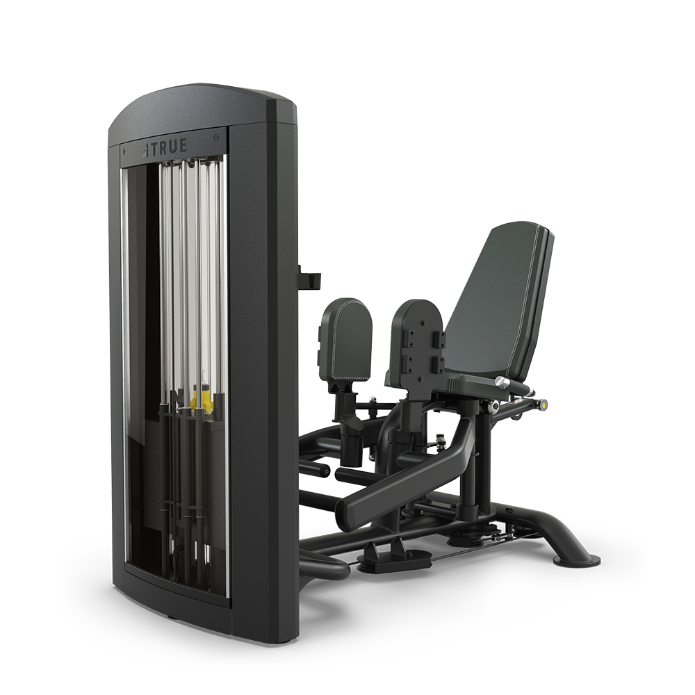 A commercial gym leg press machine with an adjustable seat and backrest, weight stack, and foot platform, designed for strength training exercises.