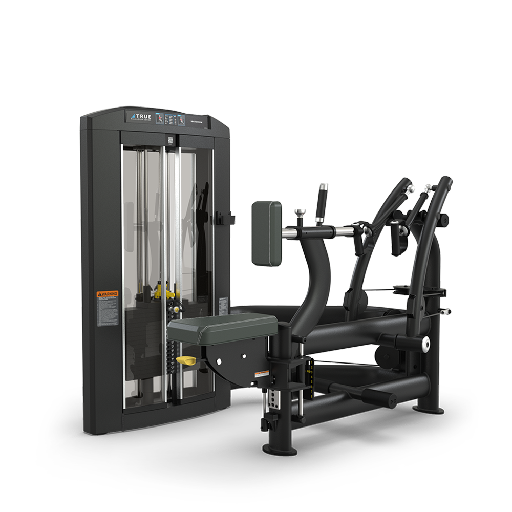 A black and silver multi-functional gym machine with adjustable seats, padded arm and leg rests, levers, and weight stack, designed for strength training exercises.