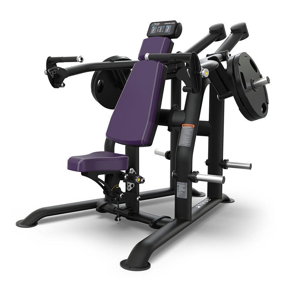 A seated chest press gym machine with a padded purple seat and backrest, black frame, and weight plates on each side, designed for upper body strength training.