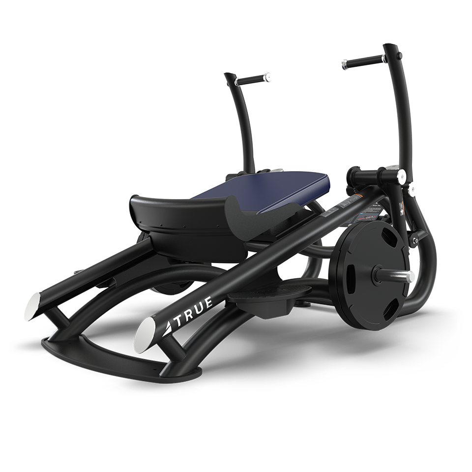 A black and blue fitness machine with handles and footrests, designed for seated rowing exercises, featuring a sturdy frame and weight plate attachments.