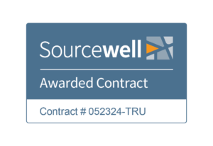 A blue and white graphic with the Sourcewell logo, the words Awarded Contract, and Contract # 052324-TRU displayed below.