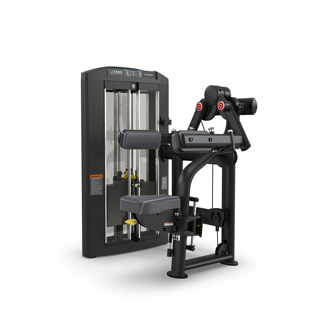 A black seated gym machine with padded cushions and adjustable weights, designed for performing bicep curls or arm exercises, set against a plain white background.
