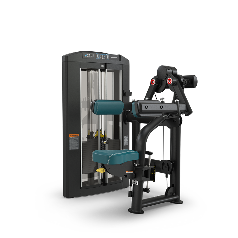 A black and teal seated fitness machine with padded back and elbow supports, weight stack, and adjustment knobs, designed for performing arm curl exercises. The background is plain white.
