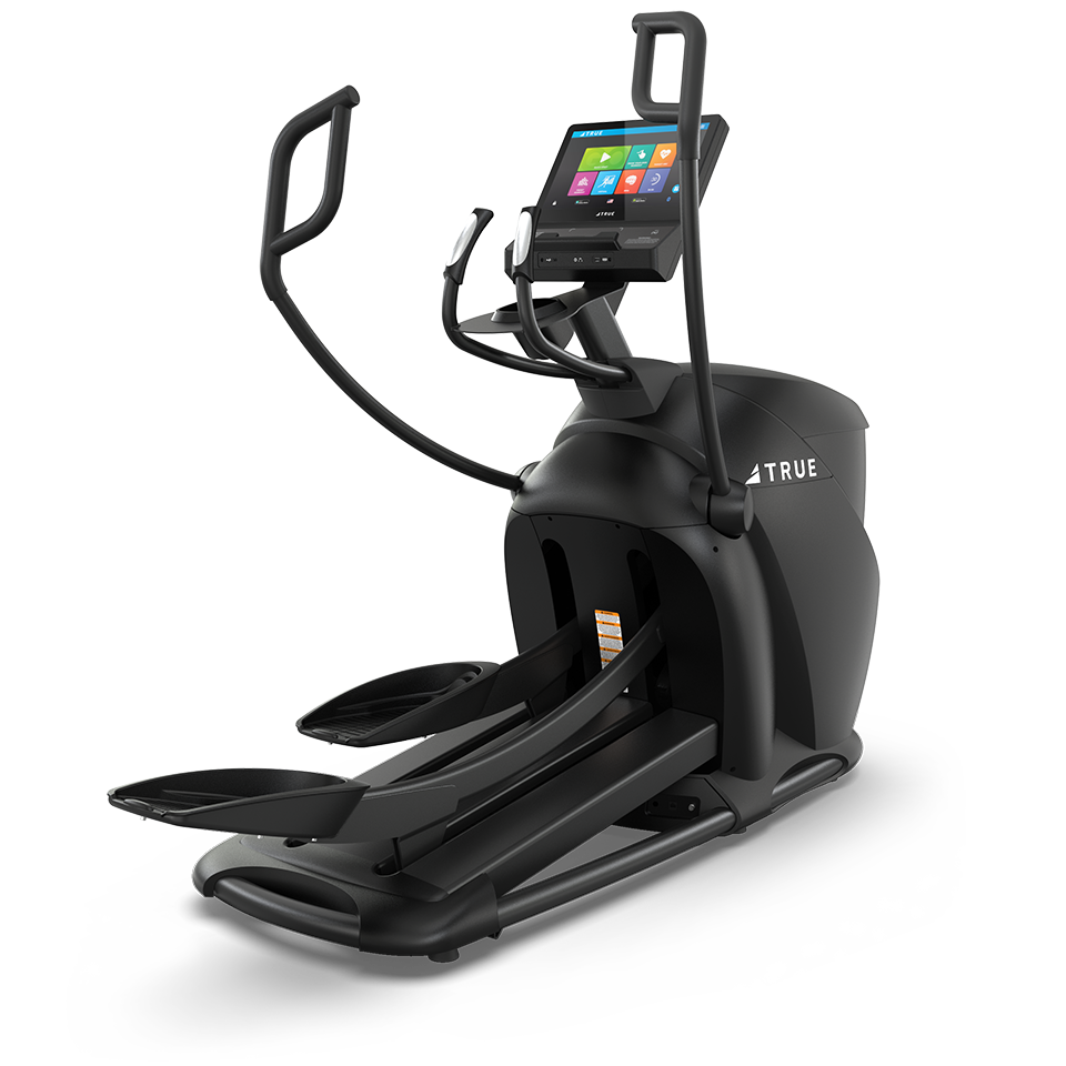 A modern black elliptical exercise machine with a digital display screen, stationary and moving handles, and large foot pedals, designed for indoor cardio workouts.