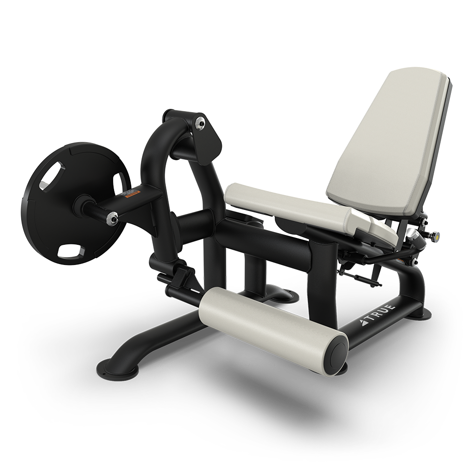 A white and black leg extension machine with padded seat, adjustable backrest, and weight plate attached to the side, designed for strength training exercises.
