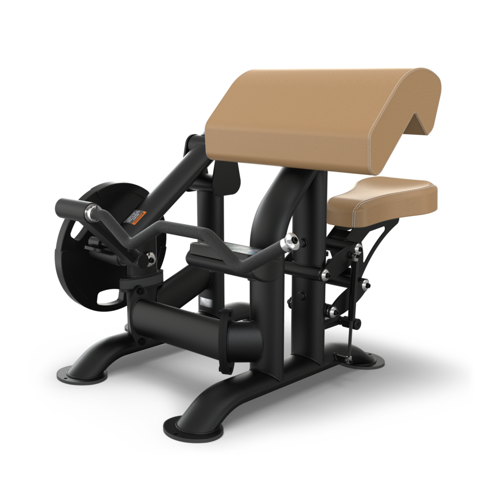 A black and tan seated gym machine with padded supports, designed for preacher curls, featuring a lever arm with handles and a seat for arm workouts.