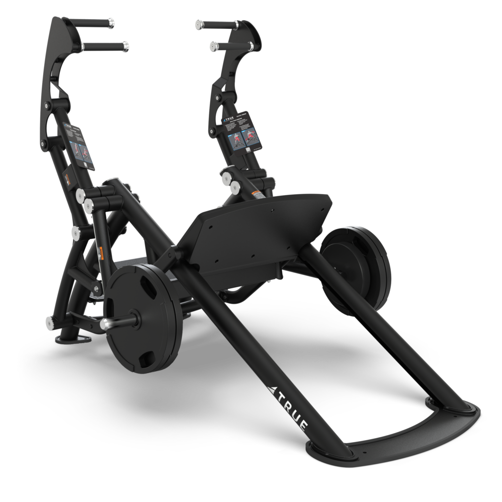 Black leg press gym machine with adjustable handles, footplate, and weights on both sides, designed for strength training exercises. The machine has a sturdy metal frame and instructional labels on each arm.