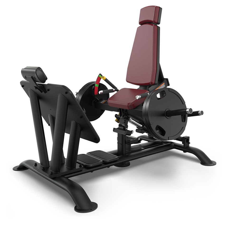 A black and maroon leg press machine with a padded seat and backrest, designed for gym use, featuring footplates, handles, and weight plate holders on both sides.