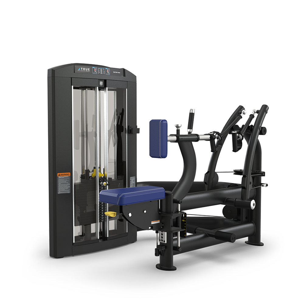 A black and blue seated strength training machine with adjustable weights, padded seat, and arm levers, designed for upper body exercises in a gym setting.