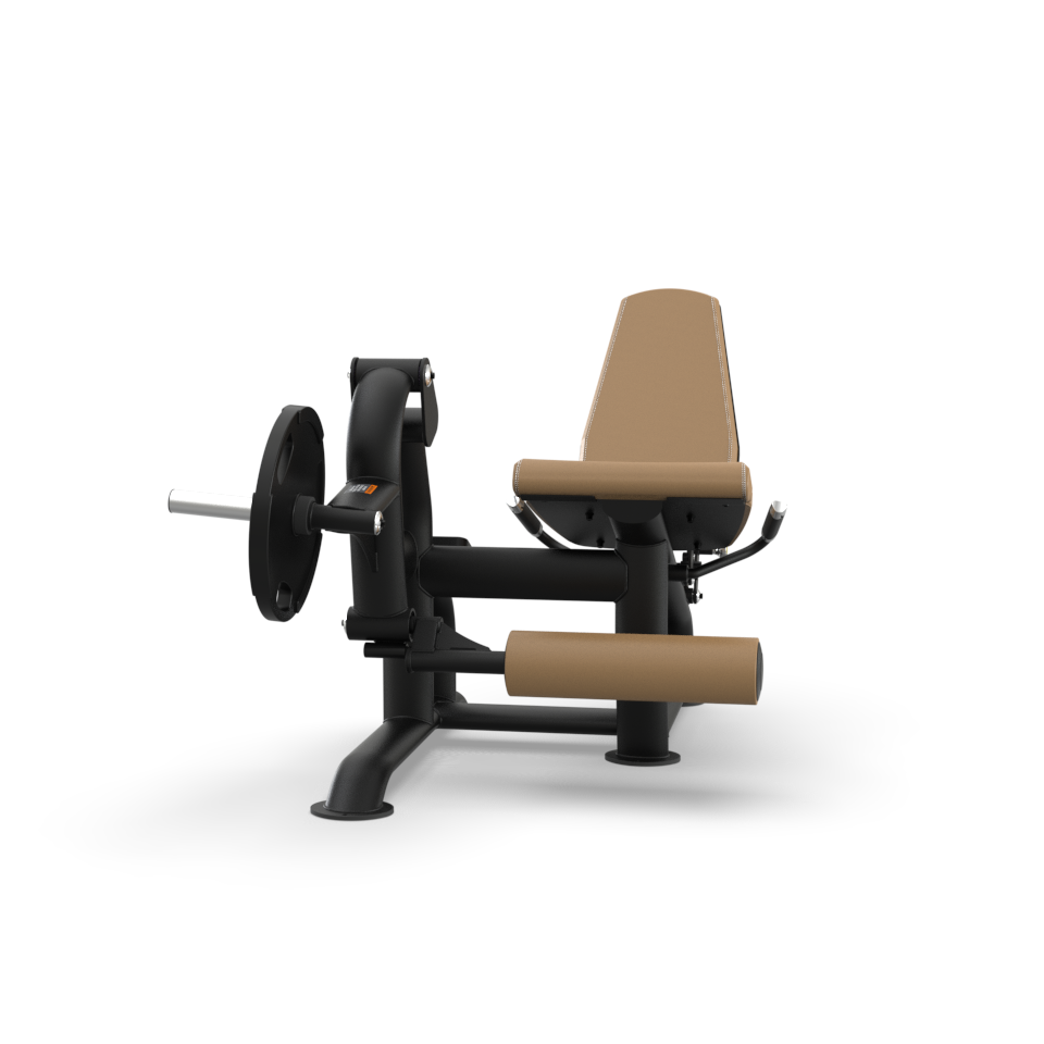 A seated leg curl machine with a padded brown seat, backrest, and leg support, featuring a black frame and a weight plate loaded on one side, against a white background.