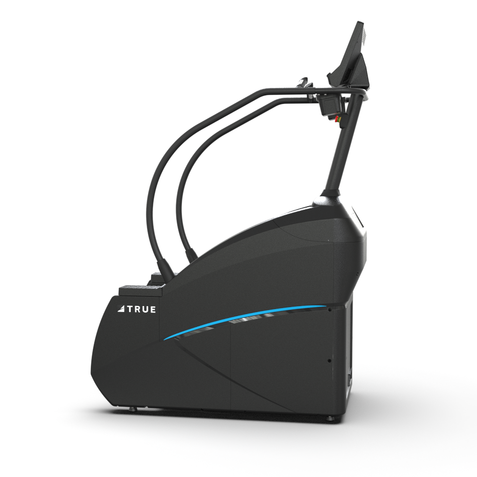 A black TRUE brand stair stepper exercise machine with two curved handrails and a digital display screen, shown from the side against a white background.
