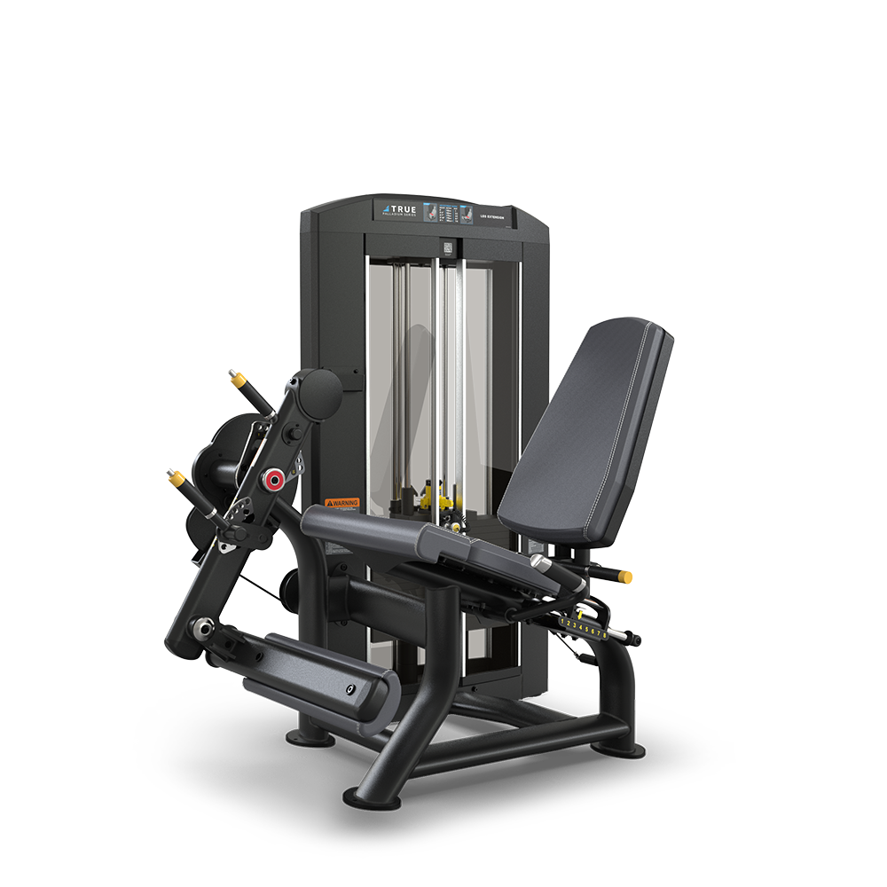 A black and gray seated leg extension machine with padded seat, backrest, and adjustable settings, designed for weight training exercises in a gym setting.