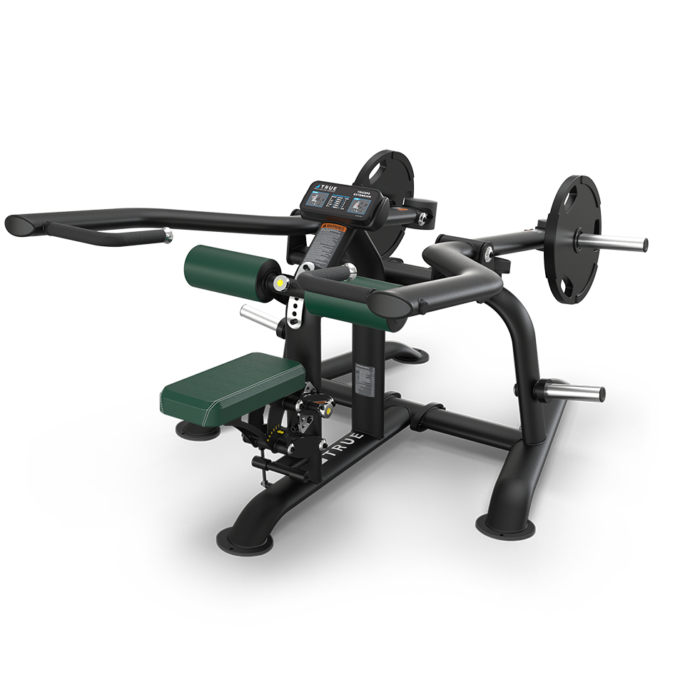 A black and green seated exercise machine with padded seat and handles, weight plate holders, and a digital display, designed for strength training in a gym setting.