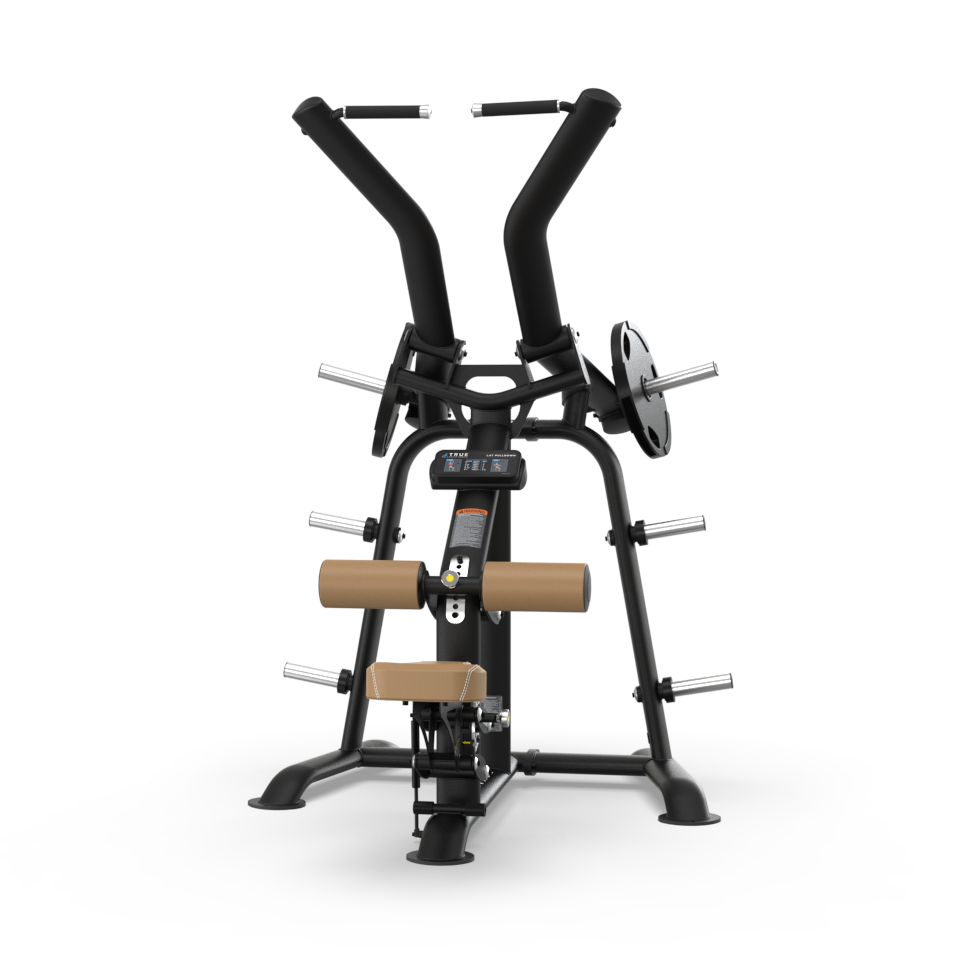 A black and silver gym machine with angled handles, padded brown leg holders, and multiple horizontal weight plate holders, designed for upper body and arm exercises, set against a white background.