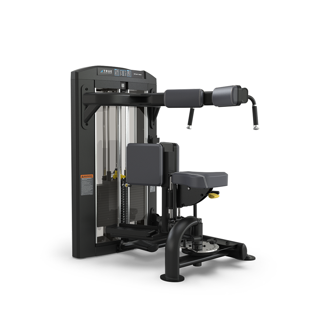 A black and gray gym machine with padded seat, backrest, and arm pads, designed for seated chest or shoulder exercises, set against a plain white background.