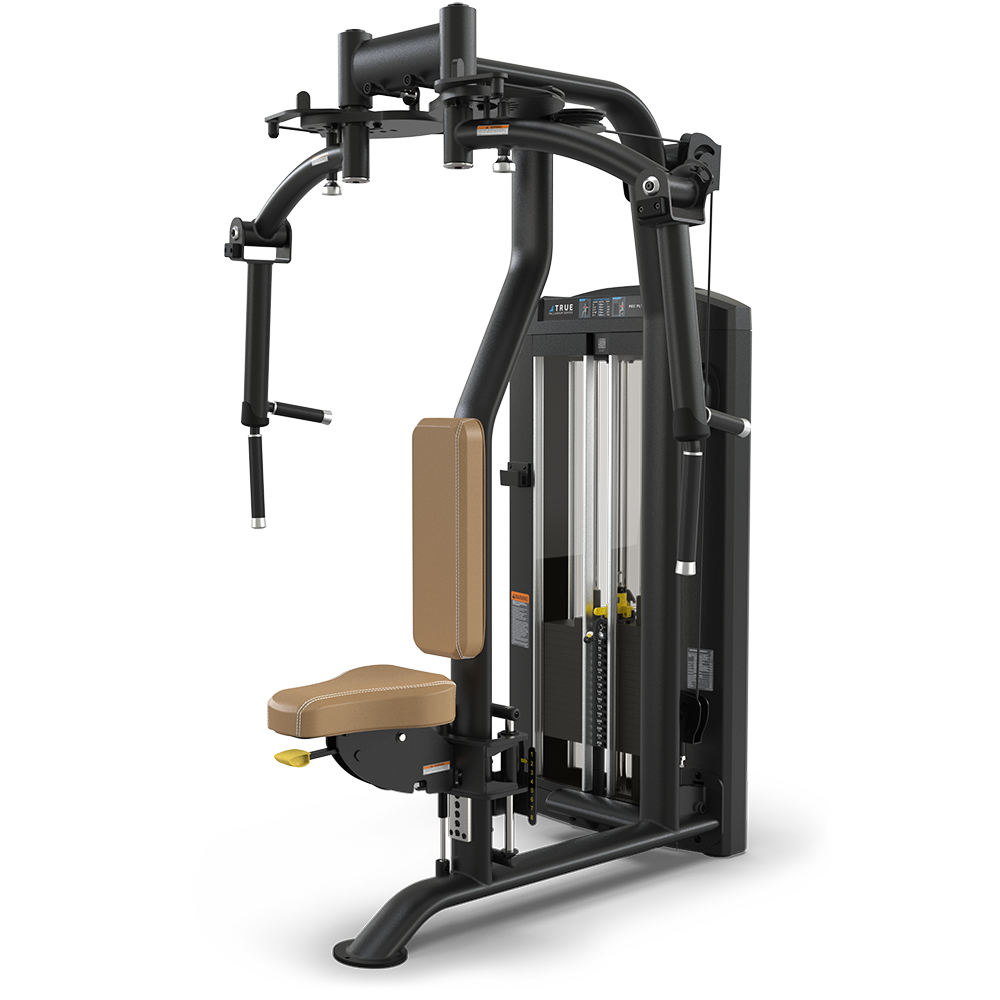 A black and tan seated gym machine with padded seat and backrest, adjustable weight stack, and arm handles, designed for chest fly and rear delt exercises, set against a plain white background.