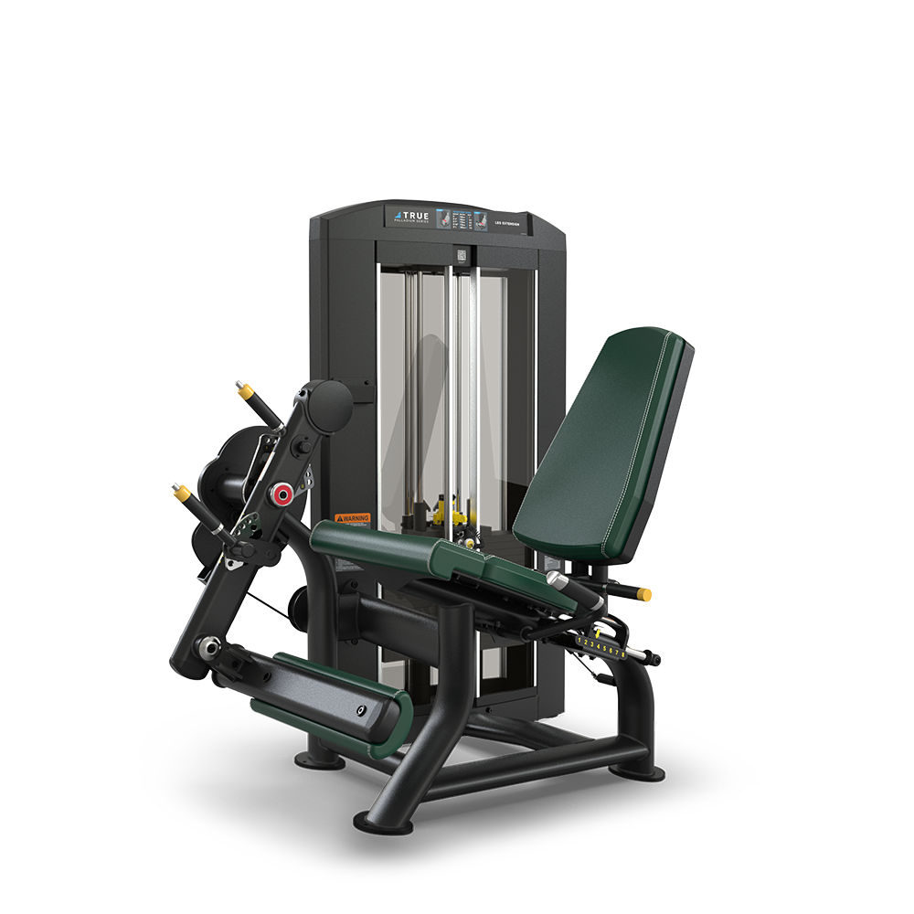 A black and green leg extension machine with padded seat and backrest, weight stack, and adjustment levers, used for strength training in gyms, against a white background.