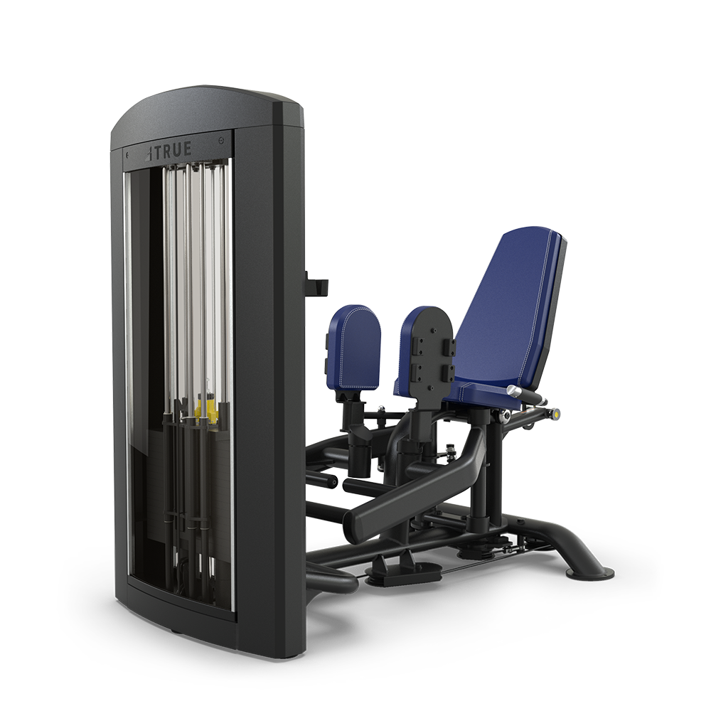 A gym machine with a black frame, weight stack, padded blue seat, and two separate leg pads designed for seated leg exercises, likely for inner and outer thigh muscles.