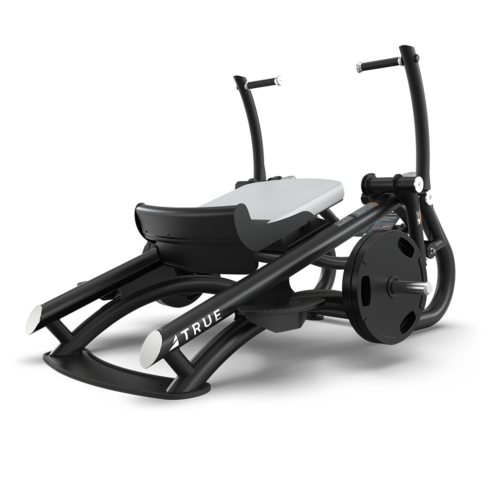 A black and gray exercise machine with a padded seat, handles, and adjustable weights, designed for rowing or leg press workouts. The brand TRUE is visible on the frame.