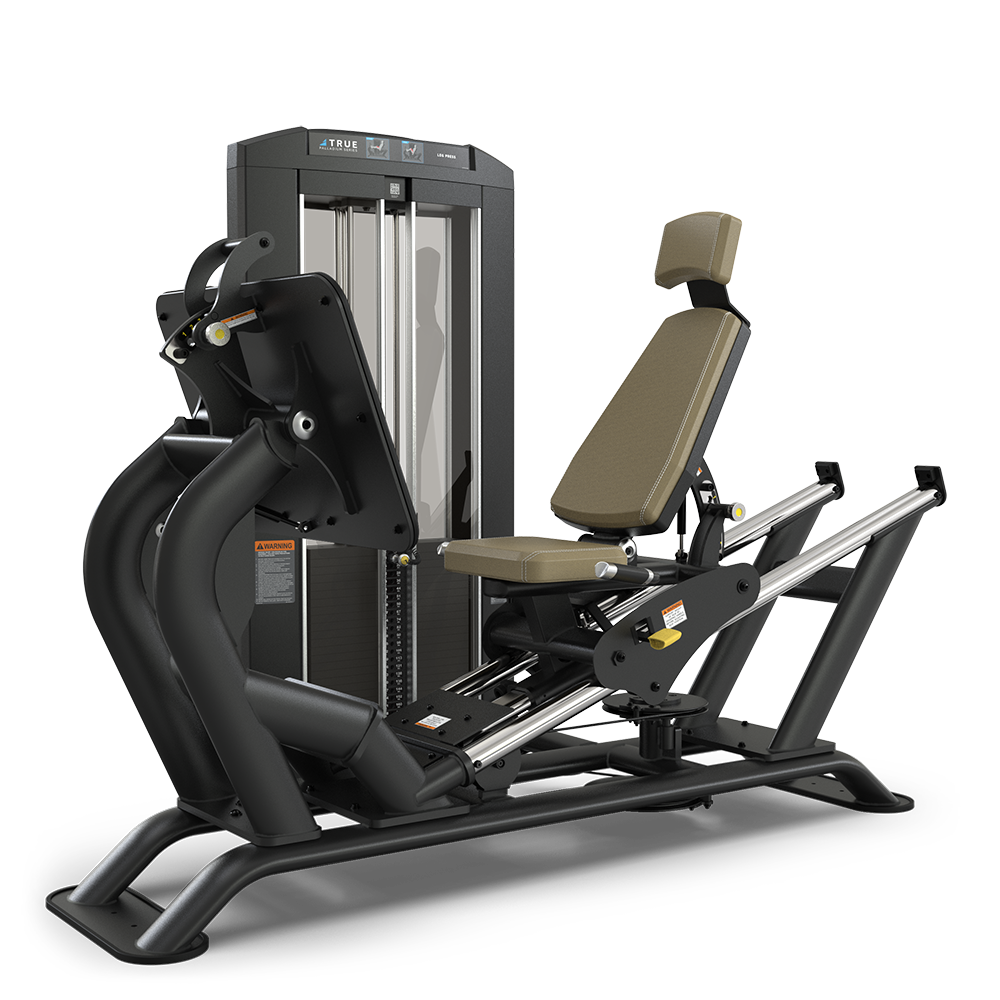 A black and beige seated leg press gym machine with a padded backrest, adjustable seat, and weight stack for resistance training, set against a plain white background.