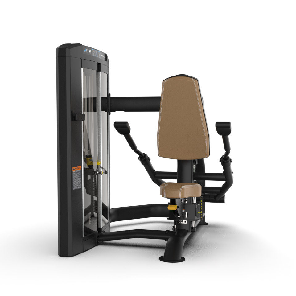 A seated chest press machine with a padded backrest, handles, and weight stack, designed for strength training in a gym, against a white background.