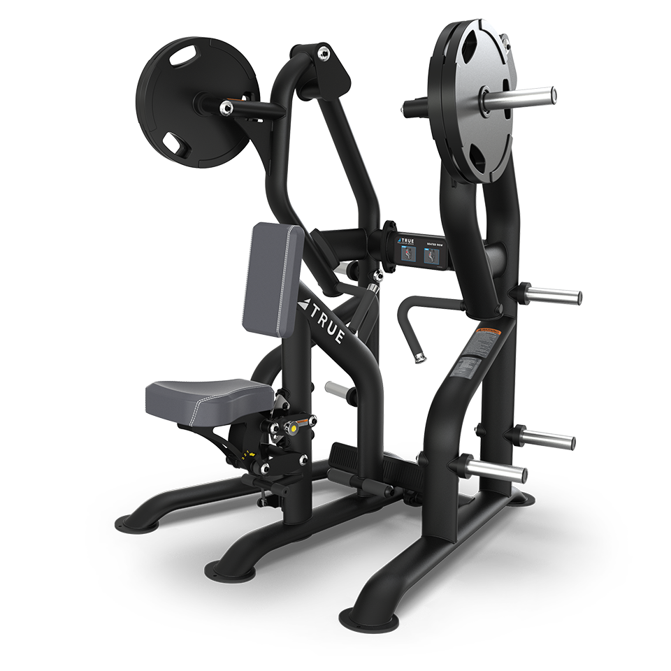 A black plate-loaded strength training machine with a padded seat and backrest, handles, and weight plates loaded on both sides, designed for upper body workouts.