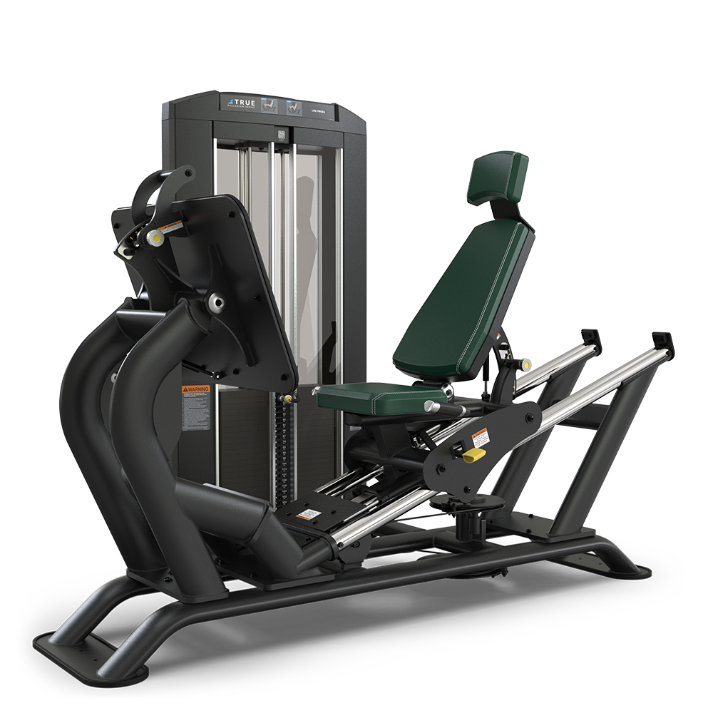 A black and green leg press machine with an adjustable seat, backrest, and weight stack, designed for gym workouts and strength training.