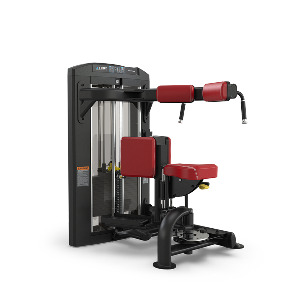 A gym machine with black and red padded seats and armrests, designed for seated torso rotation exercises, featuring weight stacks and adjustment levers against a plain white background.