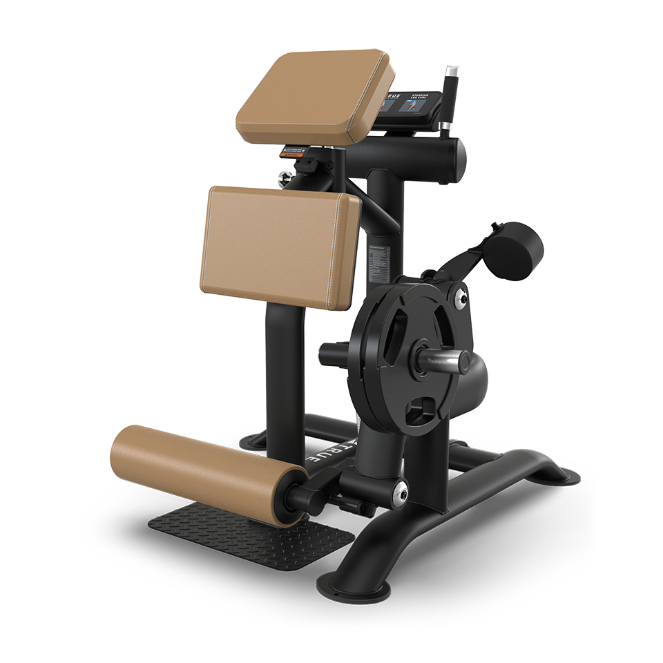A black and tan seated gym machine with padded supports, a foot roller, weight plate holder, and adjustment levers, designed for leg exercises on a white background.