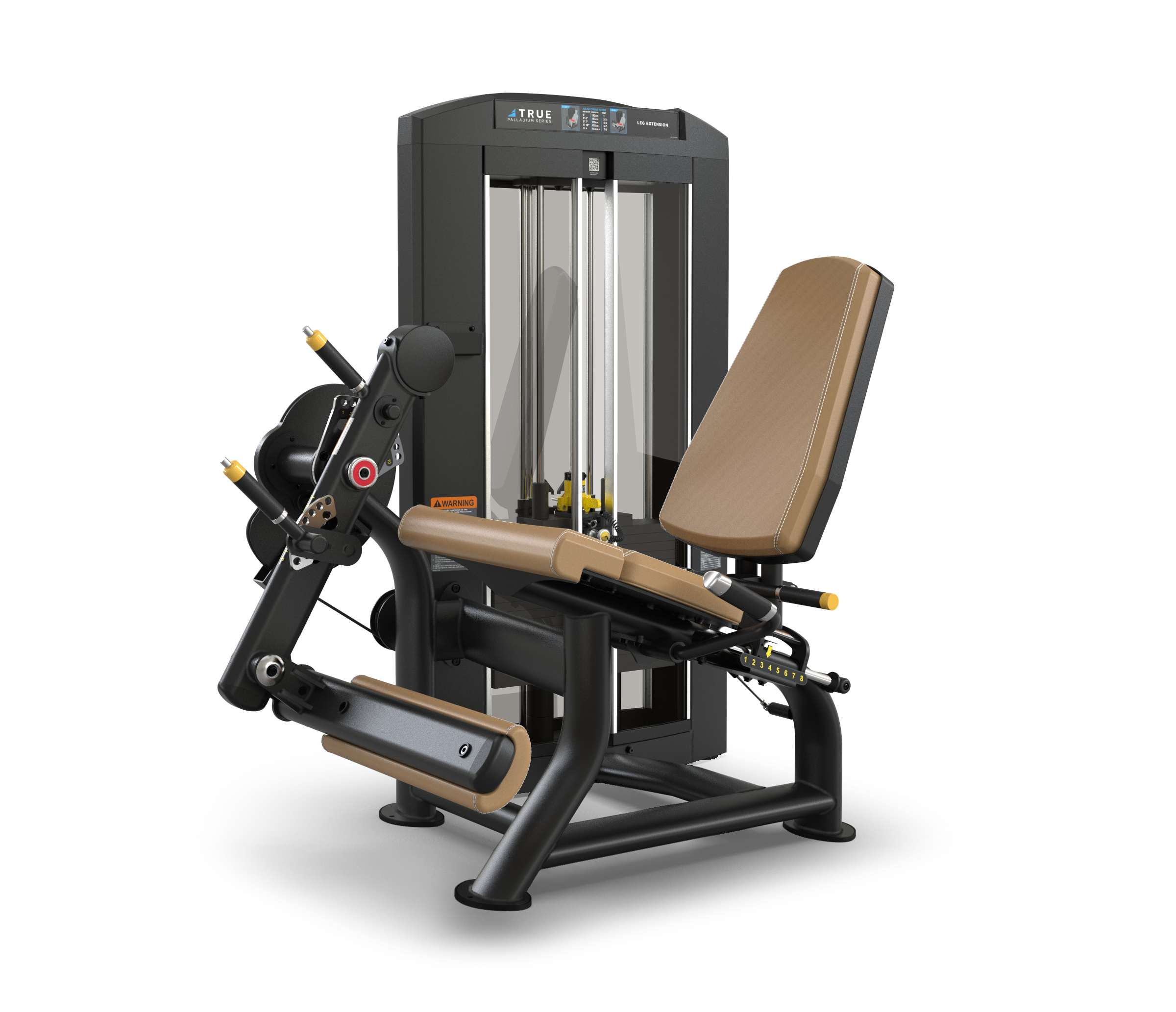 A modern leg extension and leg curl gym machine with a padded seat and backrest, weight stack, and adjustable components, designed for lower body strength training.
