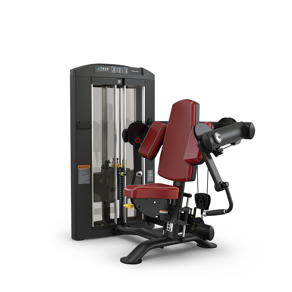 A strength training machine with a padded maroon seat and backrest, black frame, and adjustable weights, designed for upper body or arm exercises. The machine is set against a plain white background.