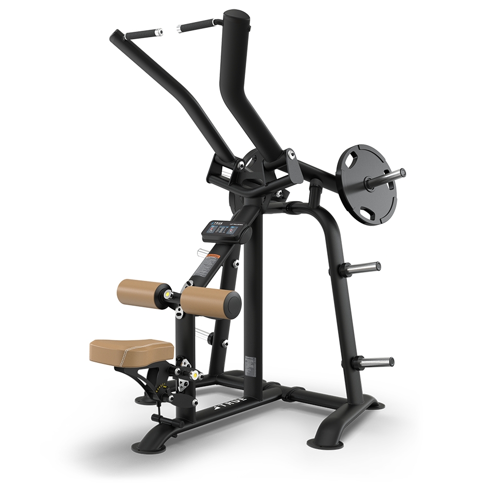 A black plate-loaded gym machine with brown padded seat and leg support, designed for upper body exercises. It has handles, weight plate holders, and a sturdy frame on a white background.