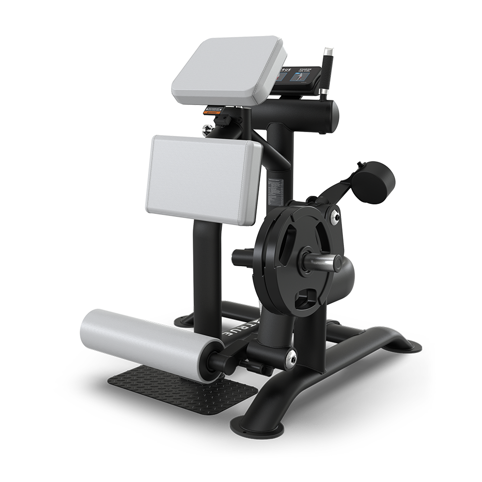 A black and silver gym machine designed for seated leg exercises, featuring padded supports, a weight plate holder, and sturdy base on a white background.