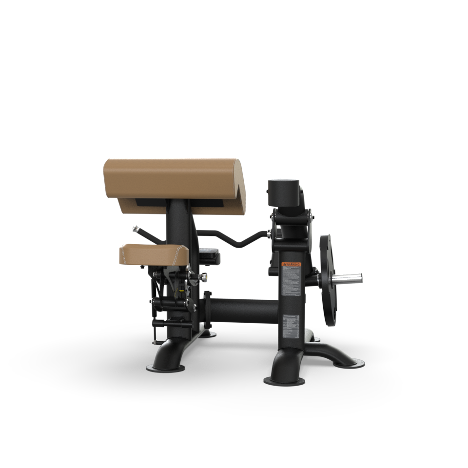 A seated gym machine with a tan cushioned armrest, black metal frame, and a weight plate holder, designed for biceps curls, isolated on a white background.
