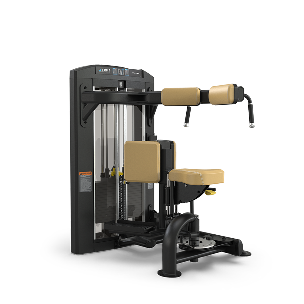 A gym machine with black and beige padding, designed for seated torso rotation exercises, features adjustable seats, padded arm supports, and a weight stack for resistance training.