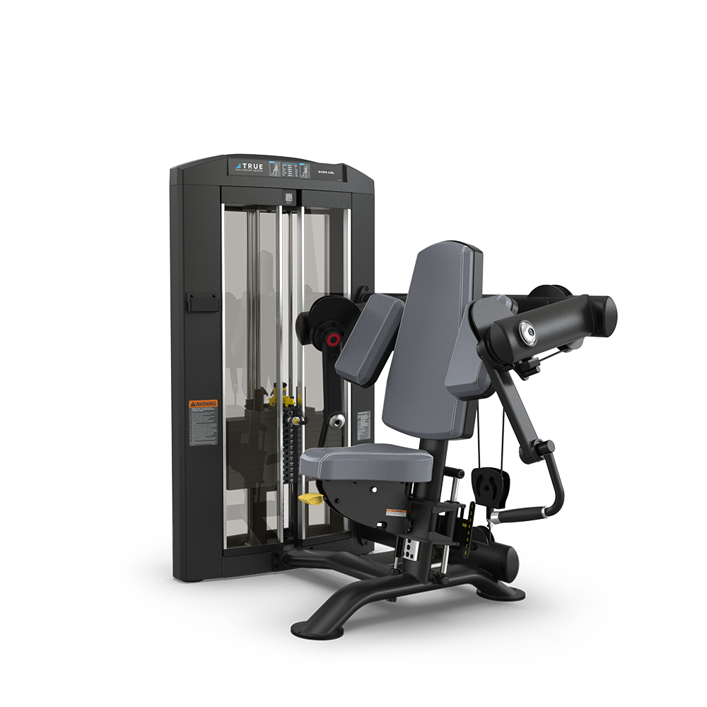 A seated gym machine with padded backrest and arm supports, designed for biceps curls, featuring a weight stack enclosed in a black and gray frame.
