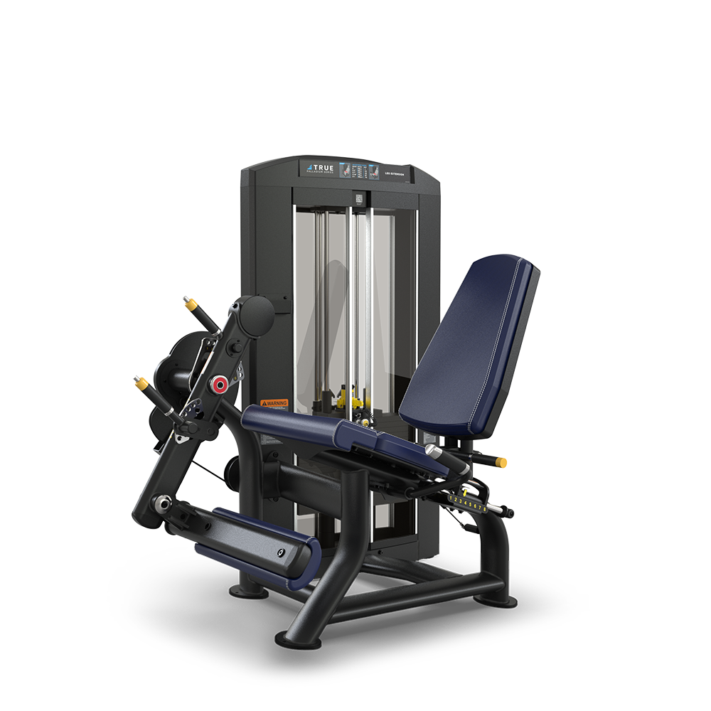 A seated leg extension machine with a padded blue seat, adjustable leg pads, and weight stack for resistance training, set against a plain white background.