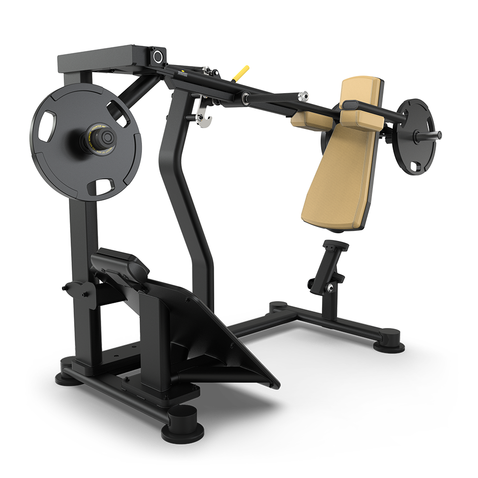 A black and beige chest press machine with weight plates attached, angled seat, backrest, and foot platform, designed for strength training exercises in a gym setting.