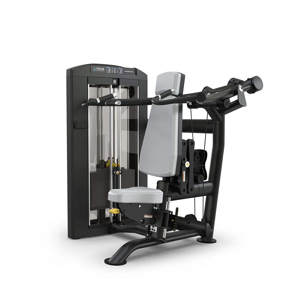 A seated chest press machine with a padded seat, backrest, and adjustable handles, designed for strength training in a gym setting. The machine has a weight stack and a sleek black and gray design.