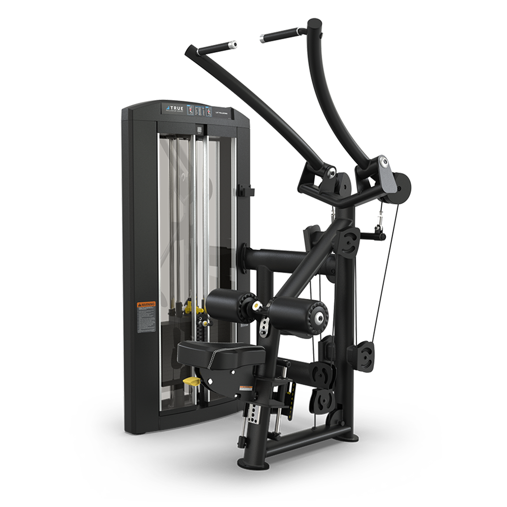 A sleek, black multi-functional gym machine with adjustable arms, padded seat, and weight stack, designed for upper body strength exercises against a plain white background.