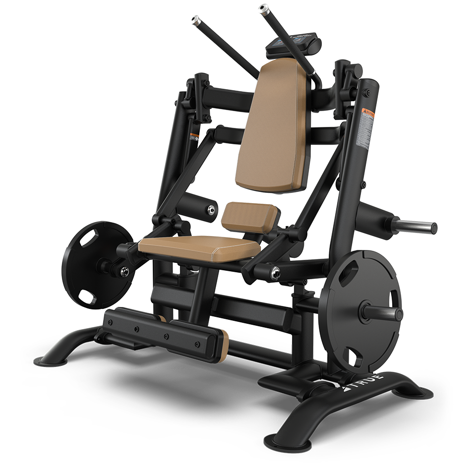 A black and tan seated gym machine with padded seat and backrest, designed for upper body workouts. It has weight plates on both sides and multiple handles for various exercise positions.