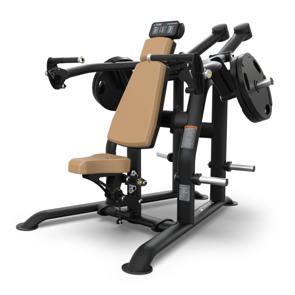 A black and tan seated chest press gym machine with padded seat and backrest, weight plates, handles, and a digital display, designed for upper body strength training.
