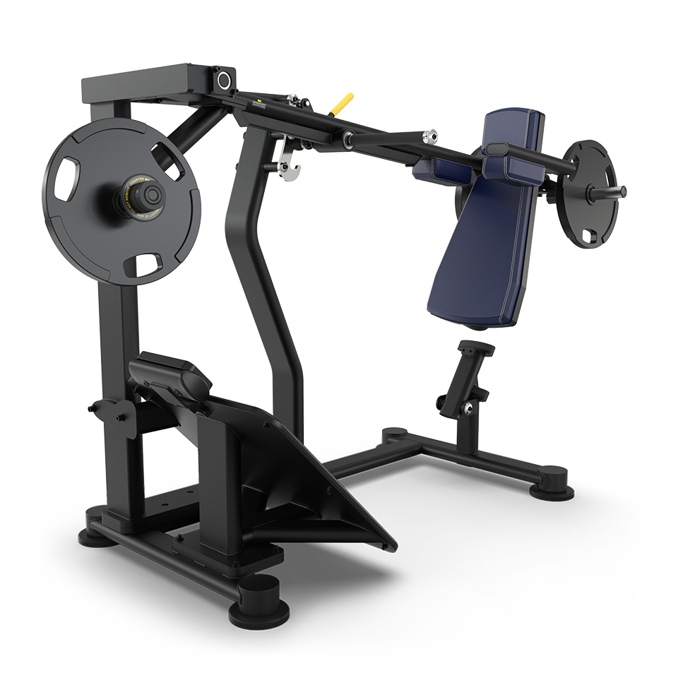 A black and blue weight machine with padded seat and backrest, adjustable levers, and weight plates on either side, designed for strength training exercises.
