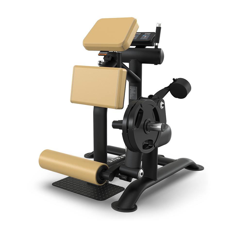 A black and gold seated gym machine designed for leg exercises, featuring padded supports, a foot roller, and a plate-loaded resistance system, set against a plain white background.