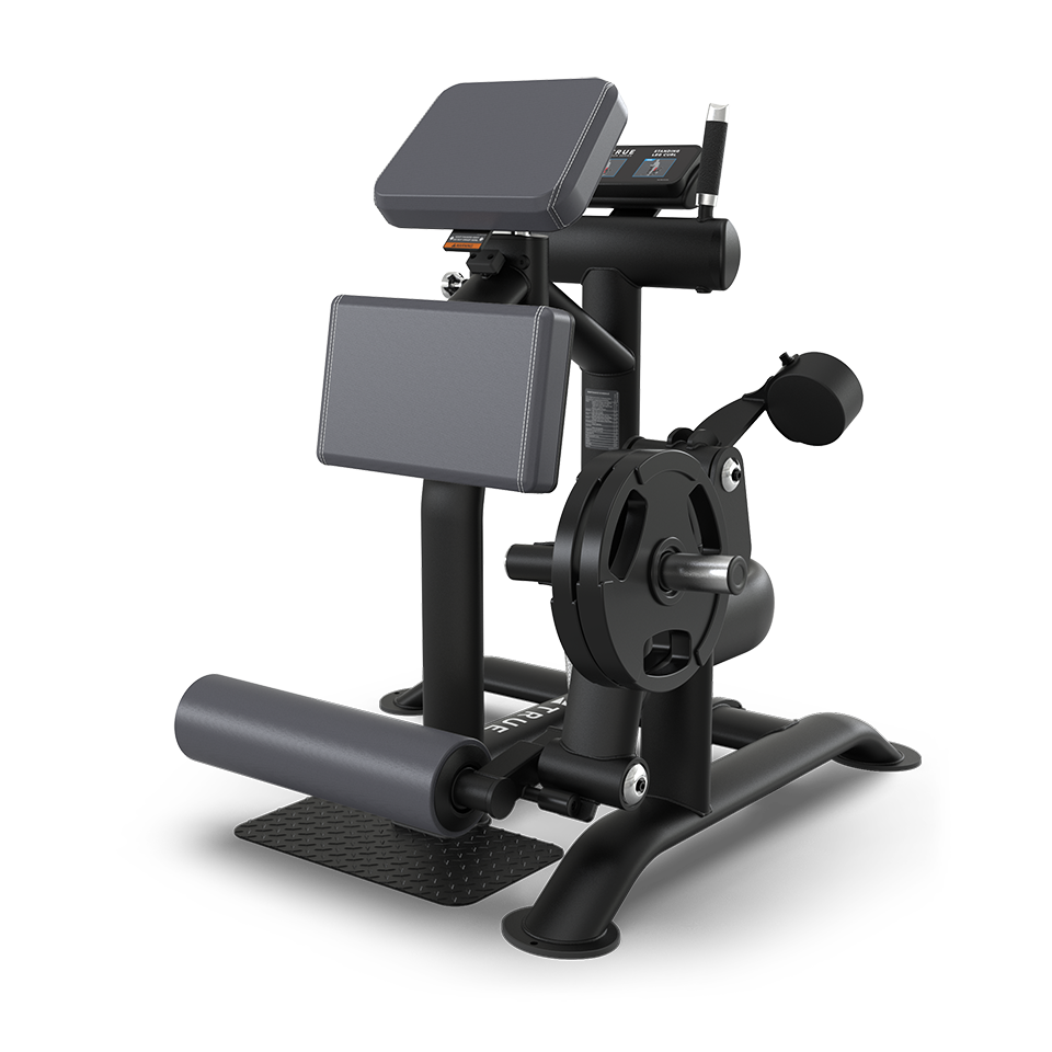 A black and gray gym machine with padded supports, a weight plate, and a foot platform, designed for lower body exercises like squats or leg extensions, set against a white background.